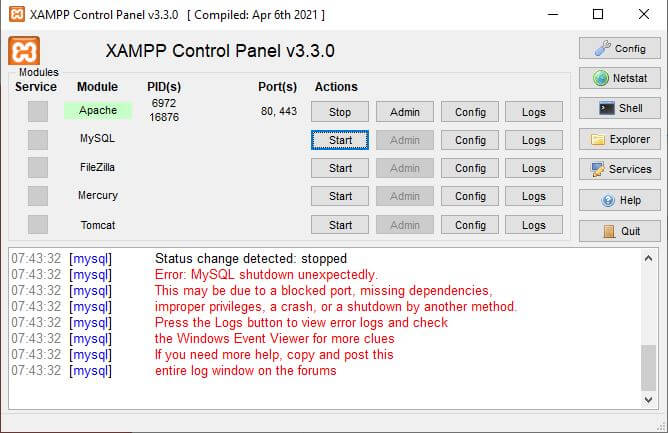 MySQL XAMPP error