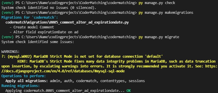 using the check, makemigrations, migrate comments from the command line to update the database of the django project