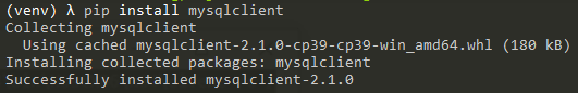 successful installation process of mysqlclient on the windows command line (CMD)